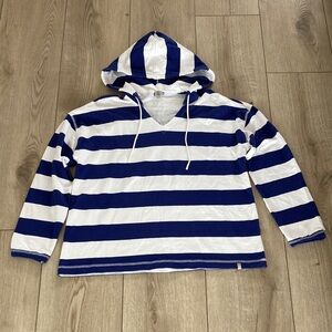 Talbots Stripe Drop Shoulder Hooded Sweatshirt Womens Large Blue White Coastal